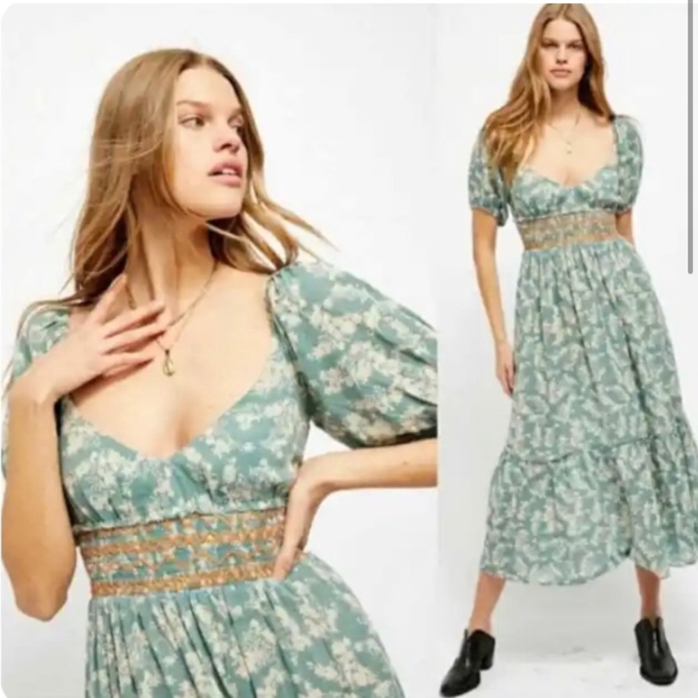 Free People Ellie Floral Print Gauze MIDI Dress
